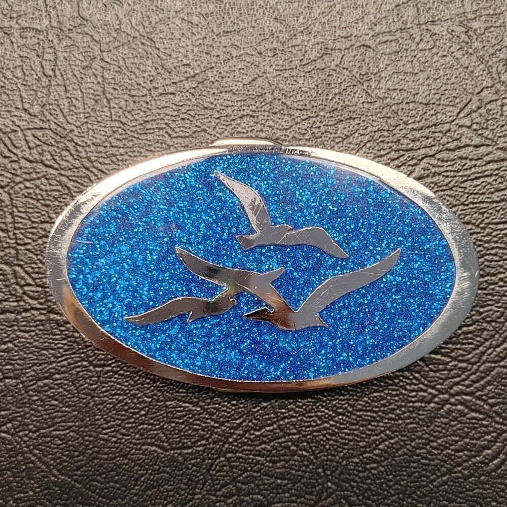 Vintage Oval Blue Enameled Birds Belt Buckle